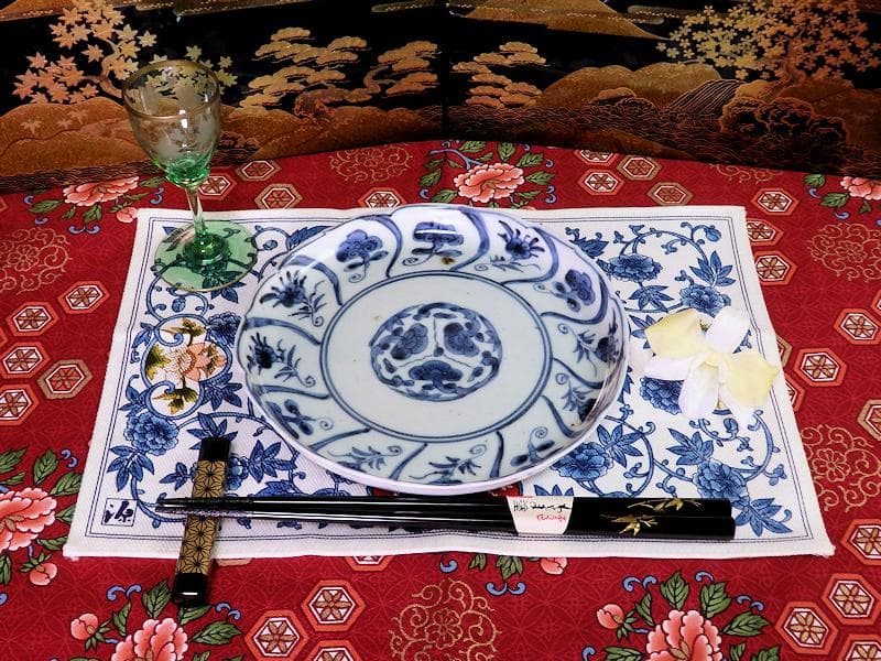 古伊万里　染付　なずな紋　霊芝紋の図　６寸皿　E611 AS-CQo