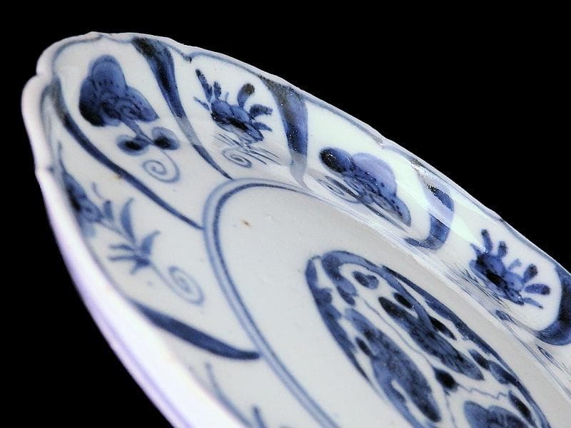 古伊万里　染付　なずな紋　霊芝紋の図　６寸皿　E611 AS-CQo