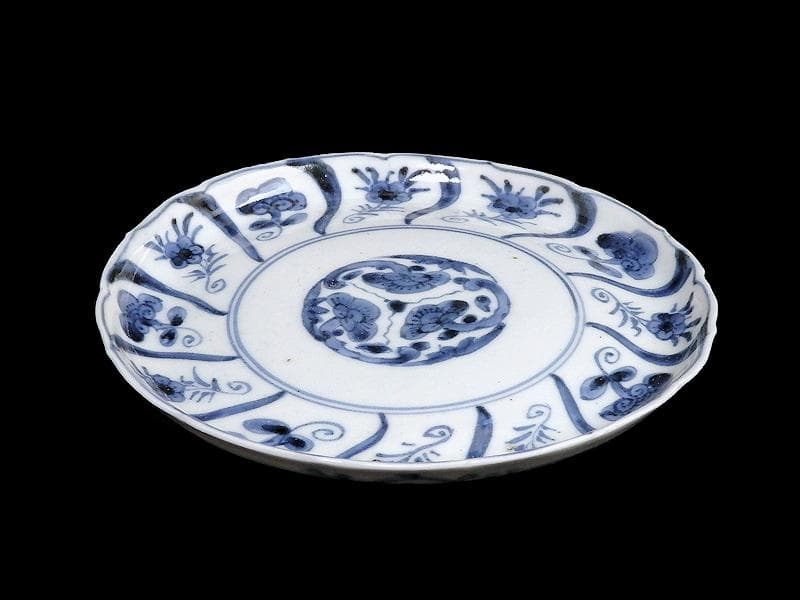 古伊万里　染付　なずな紋　霊芝紋の図　６寸皿　E611 AS-CQo