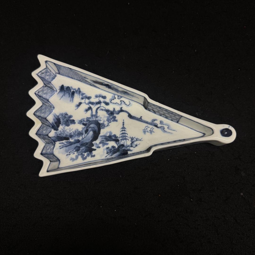 大日本永楽造　染付山水絵　半開き扇子型向付5点　骨董　アンティーク