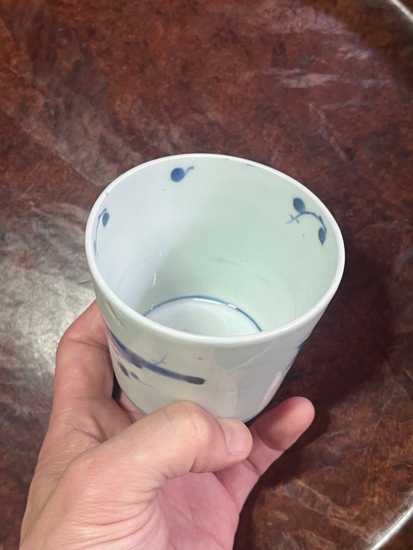 古伊万里　蕎麦猪口　そば猪口　兜　梅　鳥　染付