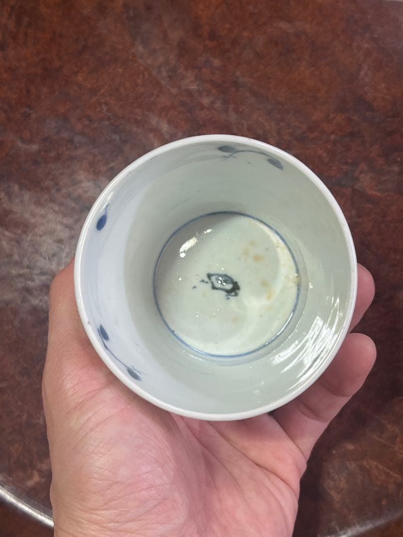 古伊万里　蕎麦猪口　そば猪口　兜　梅　鳥　染付