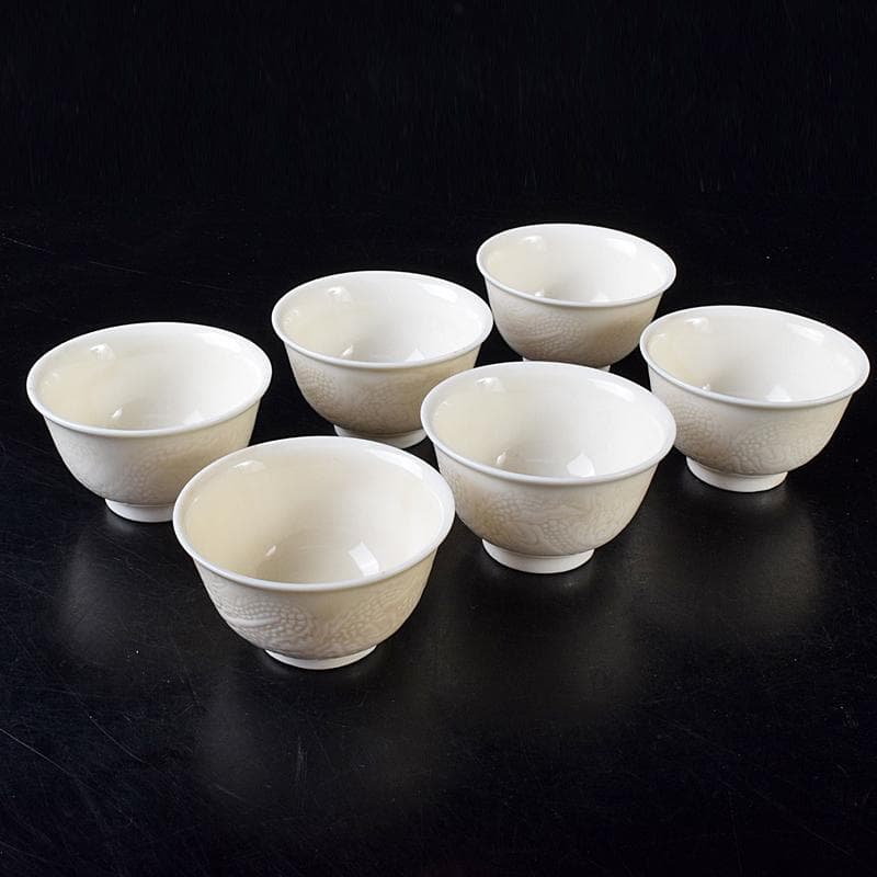 中国　徳化窯白磁　印刻　双龍文　煎茶碗　六客　V　8129E