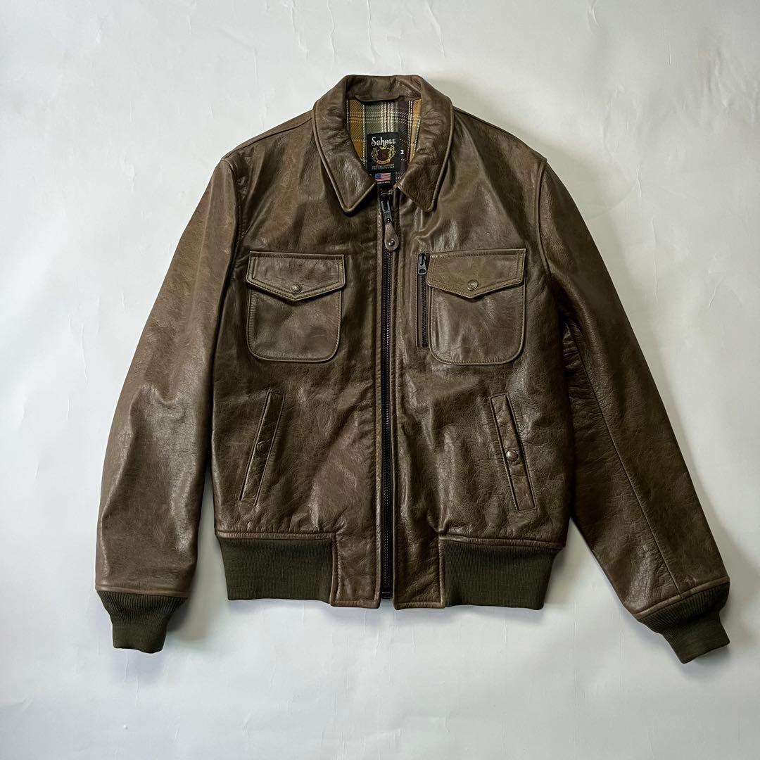 usa製 ショット レザージャケット 牛革 チェック 裏地 ブラウン 茶色 M