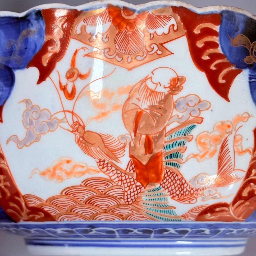 古伊万里　大聖寺伊万里　染錦三方龍仙人菊花型鉢　三ツ鉢揃い　黄仁覧図　特上品