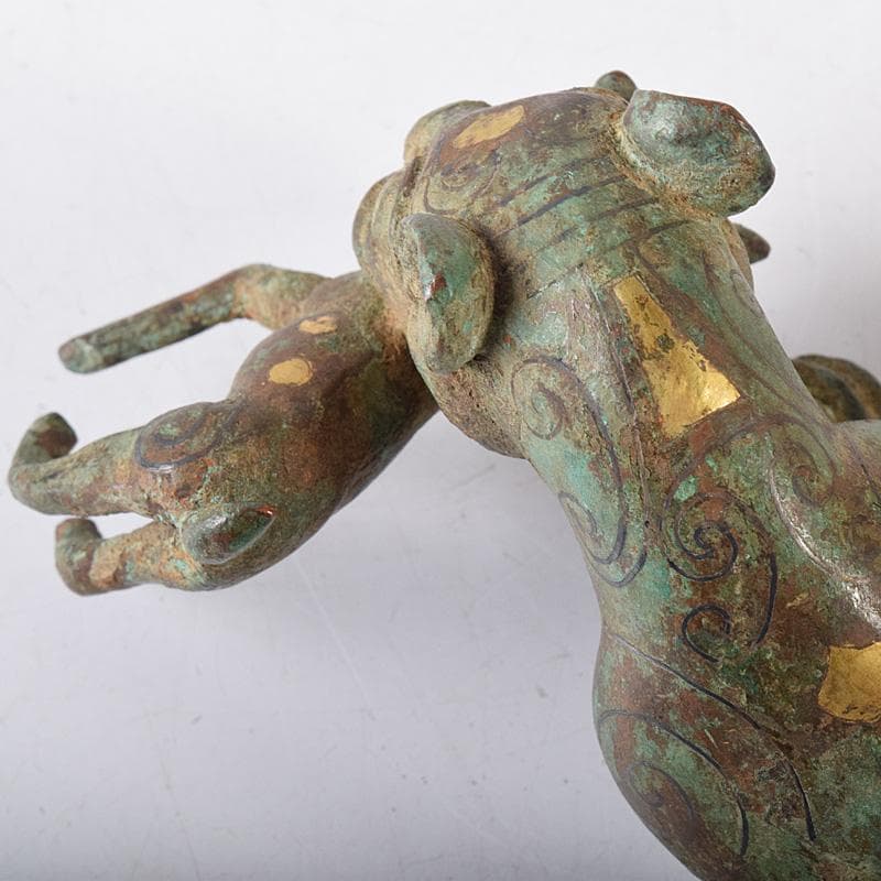 中国　古銅青銅鍍金　虎噬鹿　置物　M　R8096