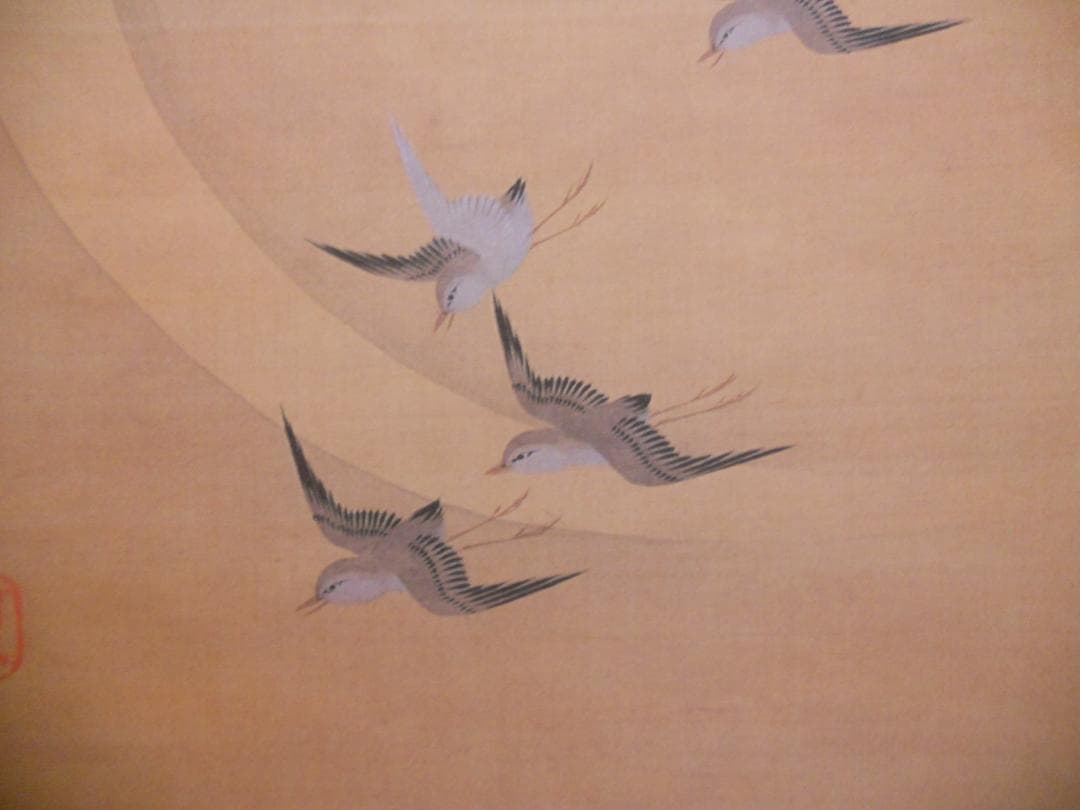 ぽん掛け軸 酒井抱一 三日月千鳥 絹本 名品 複製 希少軸装茶道具掛軸美品