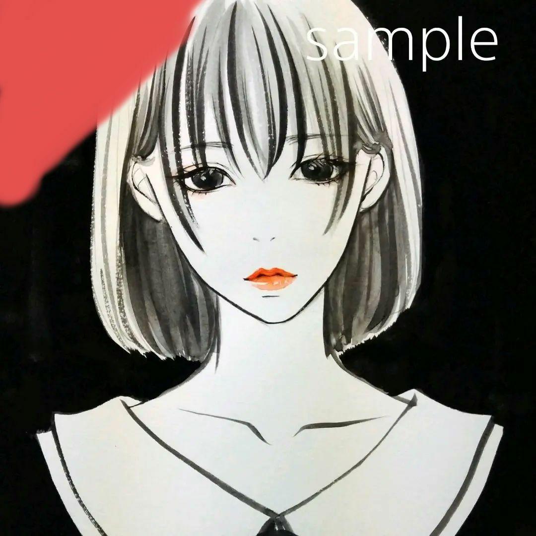 23816/A 肉筆原画　水彩画　ドローイング　手描きイラスト　美人画　モノクロ