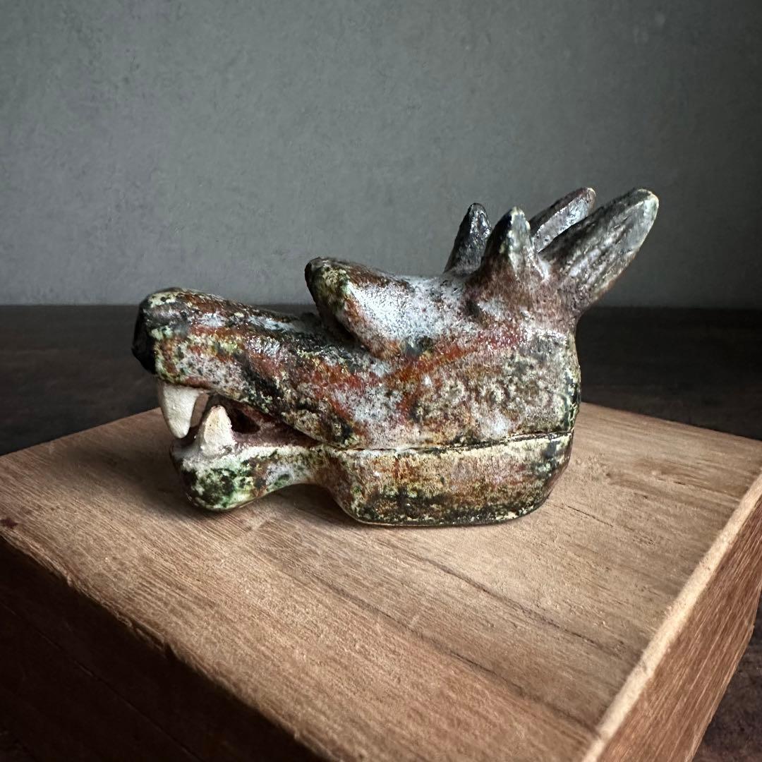 【珍品】美濃焼 織部焼 香道具 龍の頭型香合  龍頭香合 陶印あり 骨董