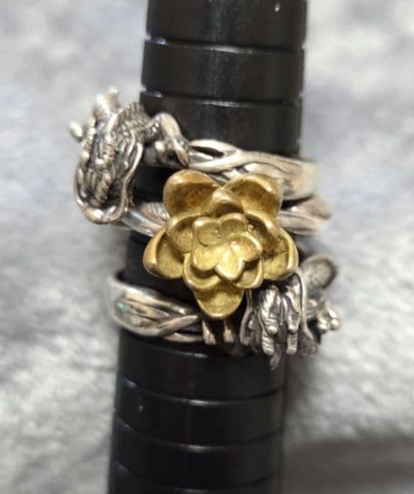 ☆かすう工房☆睡蓮リング&ドラゴンリング☆3点セット　花　龍　竜　和風