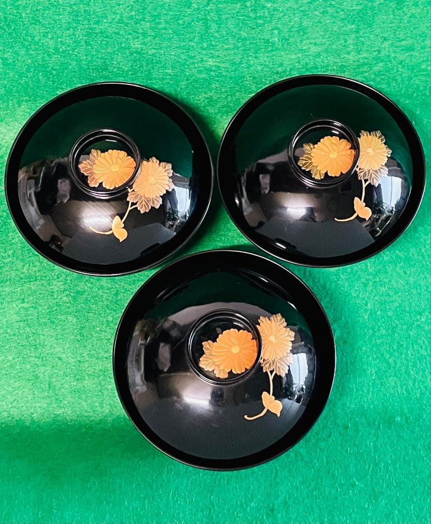 アンティーク明治期木製輪島塗金彩蒔絵蓋付き椀 3個セット