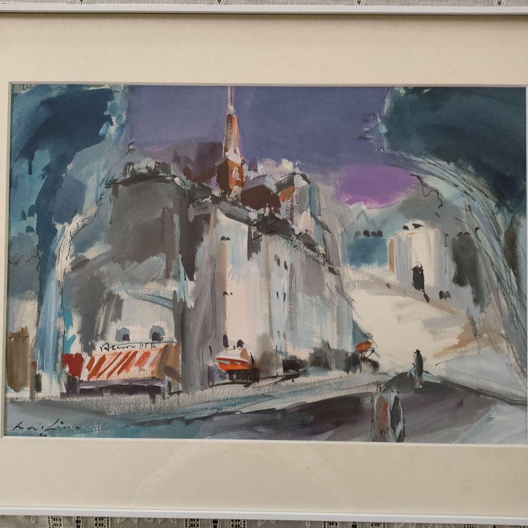 森島澄子　水彩画『街角巴里』1984年制作、直筆サイン入