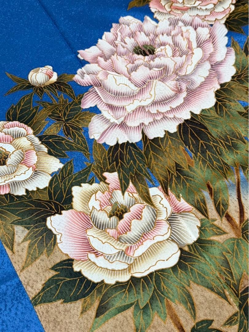 ブルー系の素敵な振袖・袋帯・帯揚げ・帯締めセット セミアンティーク ヴィンテージ