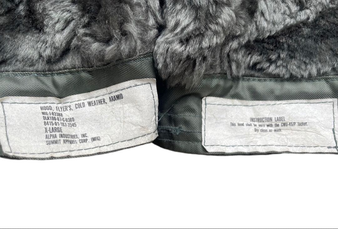 米軍空軍本物cwu45\pフライトジャケット用フード1987年官給品XLサイズ