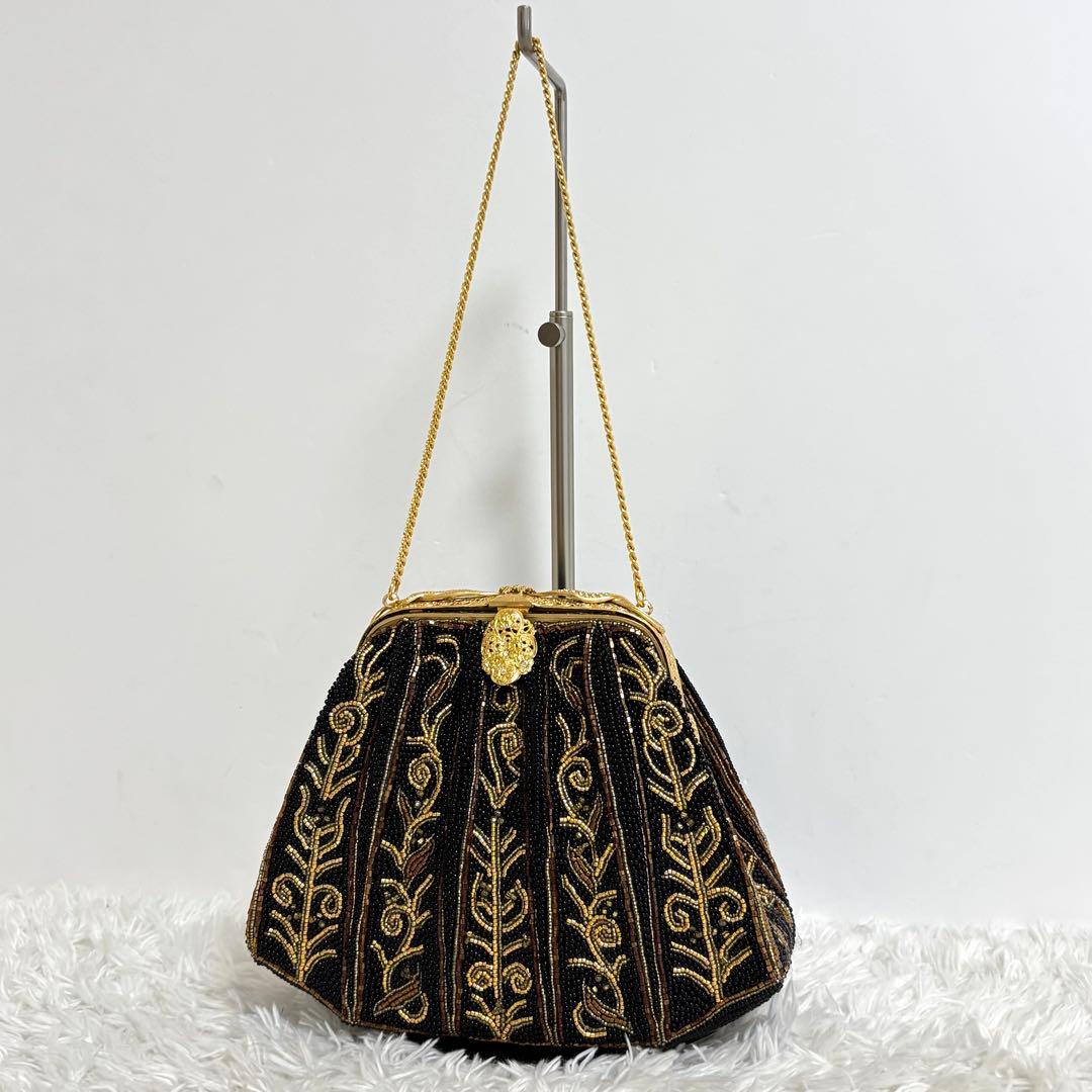 【美品】 ビーズバッグ がま口 チェーンショルダー