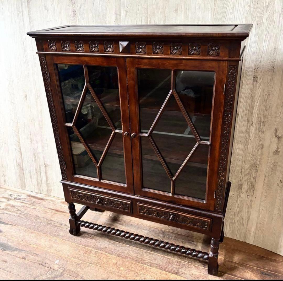 アンティーク ブックシェルフ 書棚 ガラスキャビネット ねじり家具 木製 英国風