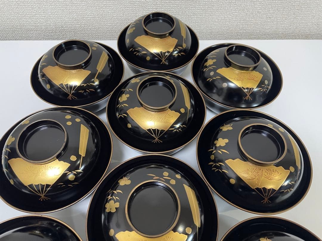 漆器 輪島塗 金蒔絵 扇柄 黒 内黒 吸物 割烹 蓋付き10客個 お煮物椀