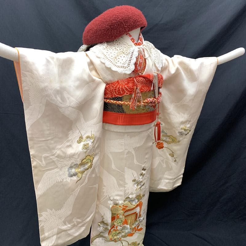 508ag57■七五三 七歳 女児 着物&袋帯&長襦袢 刺繍 御所車■状態良好