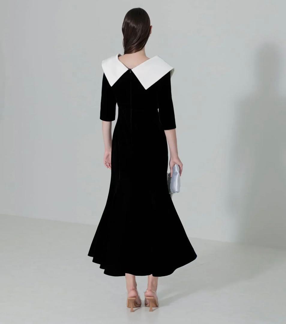 Leja Mサイズ アシンメトリービッグカラーベロアマーメイドワンピースドレス