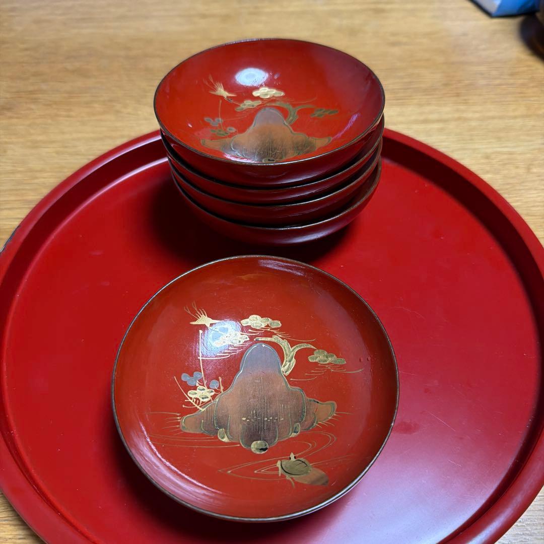 老松鶴亀文蒔絵　酒盃　小皿　5客セット 金彩漆塗り　漆器丸型杯 本漆　祝い　骨董