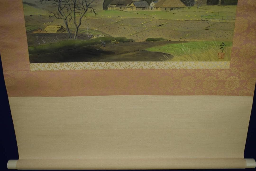 真作/湯上呂久/春耕/山水人物図/桐共箱付/布袋屋掛軸HH-869