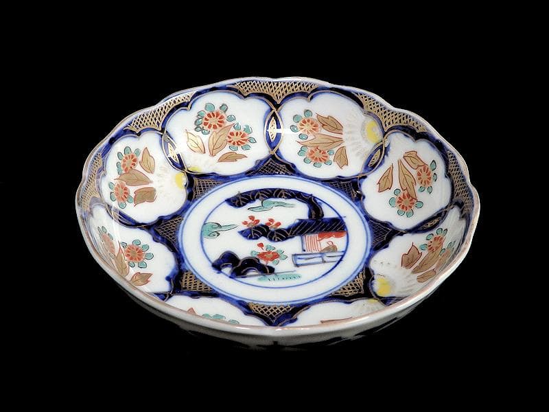 古伊万里　金襴手　陽刻　窓絵　花の図　膾皿　５客　E113AS-fbfr