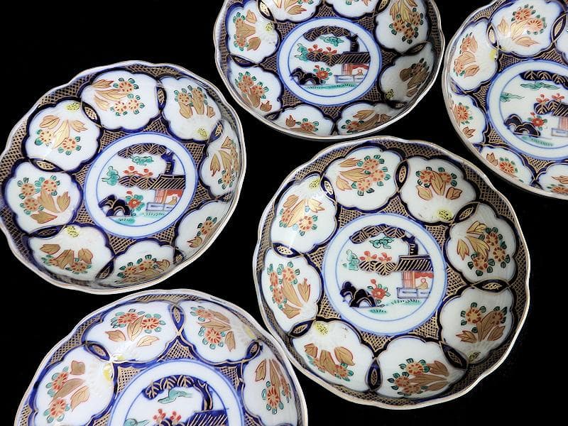 古伊万里　金襴手　陽刻　窓絵　花の図　膾皿　５客　E113AS-fbfr