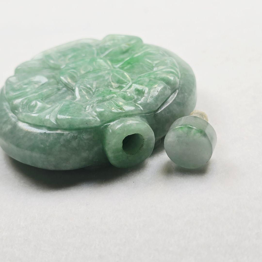 収集品 天然石 本物古翡翠 両面 手彫 福如意紋 鼻煙壺 薬瓶 超美品