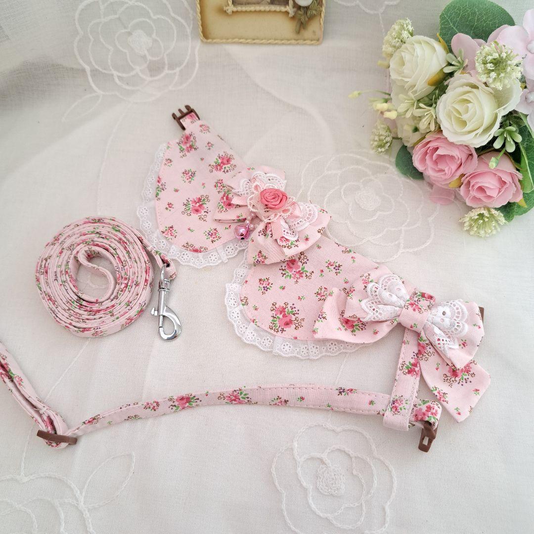 襟付きハーネス(ピンクローズ)&リードセット、わんちゃん猫ちゃん用