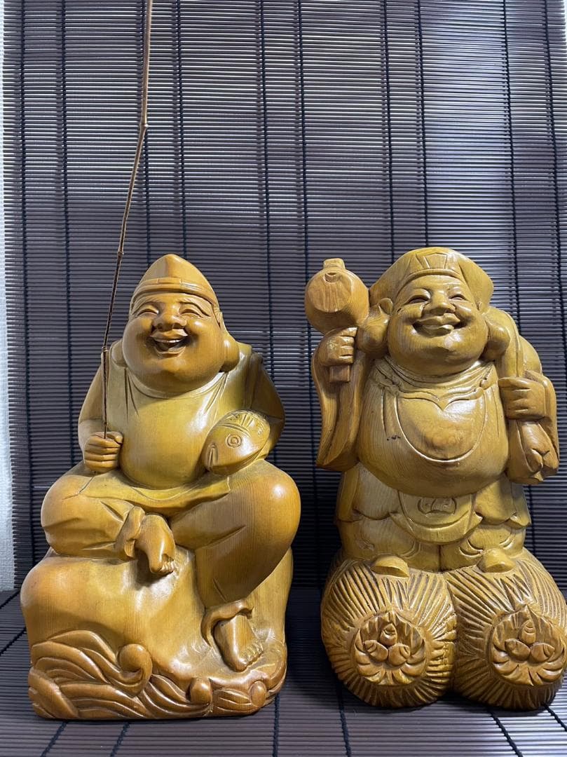 『恵比寿　大黒天』置物　木彫り　木造り　骨董品　高さ30cm 希少