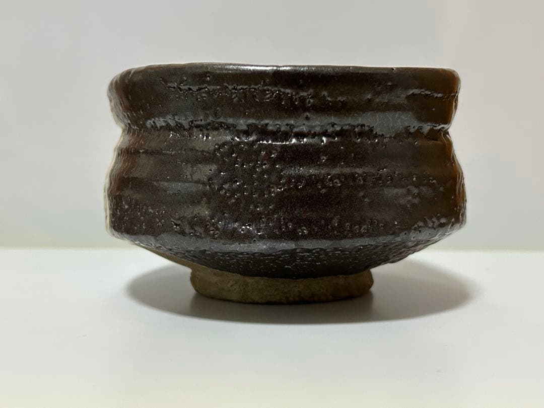 江戸時代頃　黒織部　花文　沓茶碗　箱付　茶道具　古陶