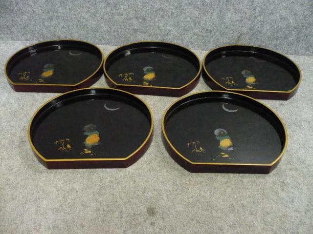 蒔絵 たけのこ掘り 半月盆 5枚 [B31441]