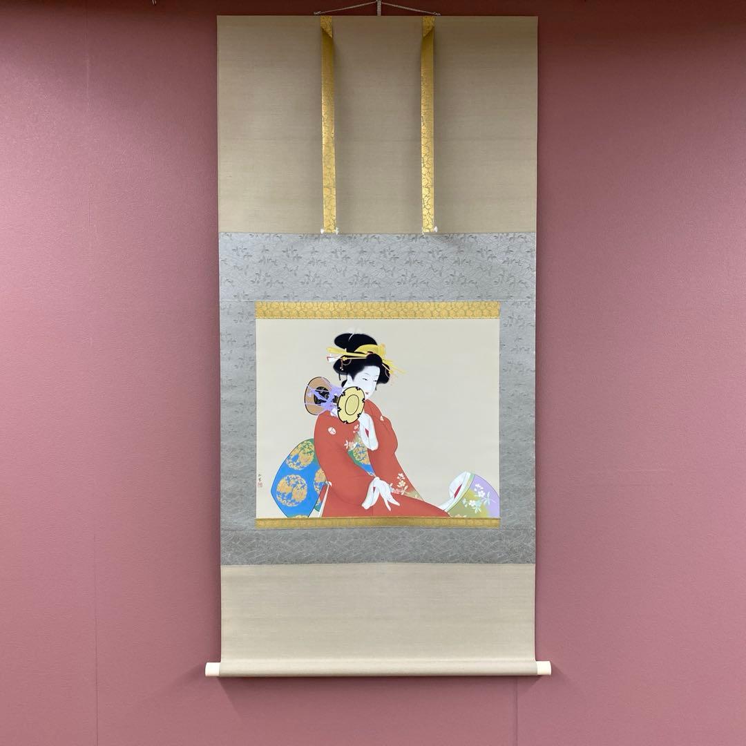 美品 掛け軸 上村松園筆「鼓の音」美人画 浮世絵 印刷 太巻き付