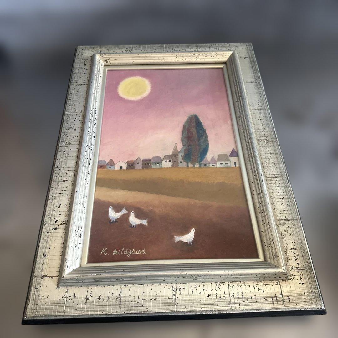 とても可愛らしく雰囲気のある抽象風景画 シルバーフレーム