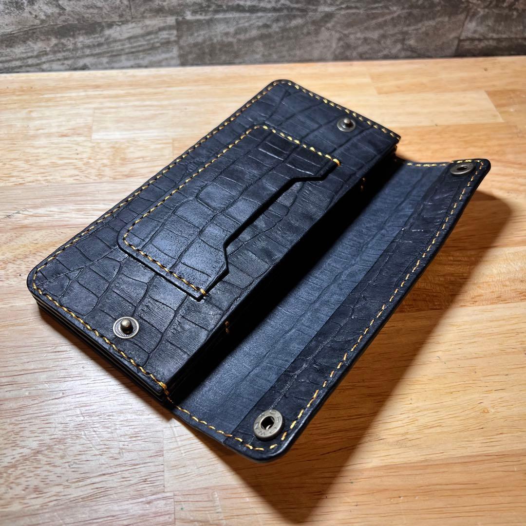 【本革•総手縫】テンダーロインインスパイア ロングトラッカーウォレット クロコ黒