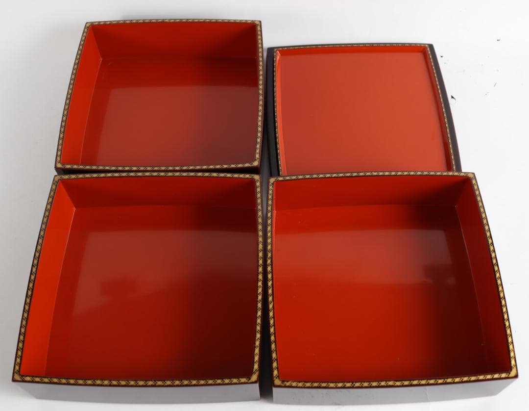 輪島塗 溜塗 網代 沈金 三段重 弁当箱 重箱 共箱