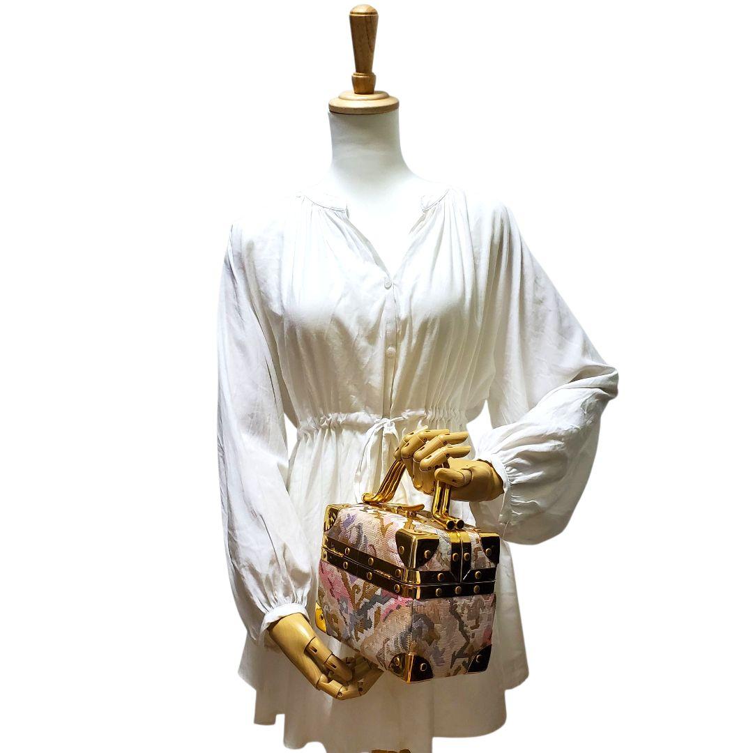 美品 ヴィンテージ調 タペストリー トランクバッグ バニティ 織物 ゴールド金具