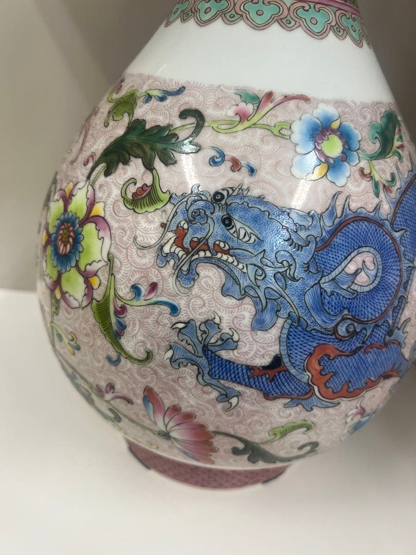 中国乾隆年製長頸瓶骨董唐物アンティーク古美術江戸青磁手描きドラゴン模様の陶器瓶