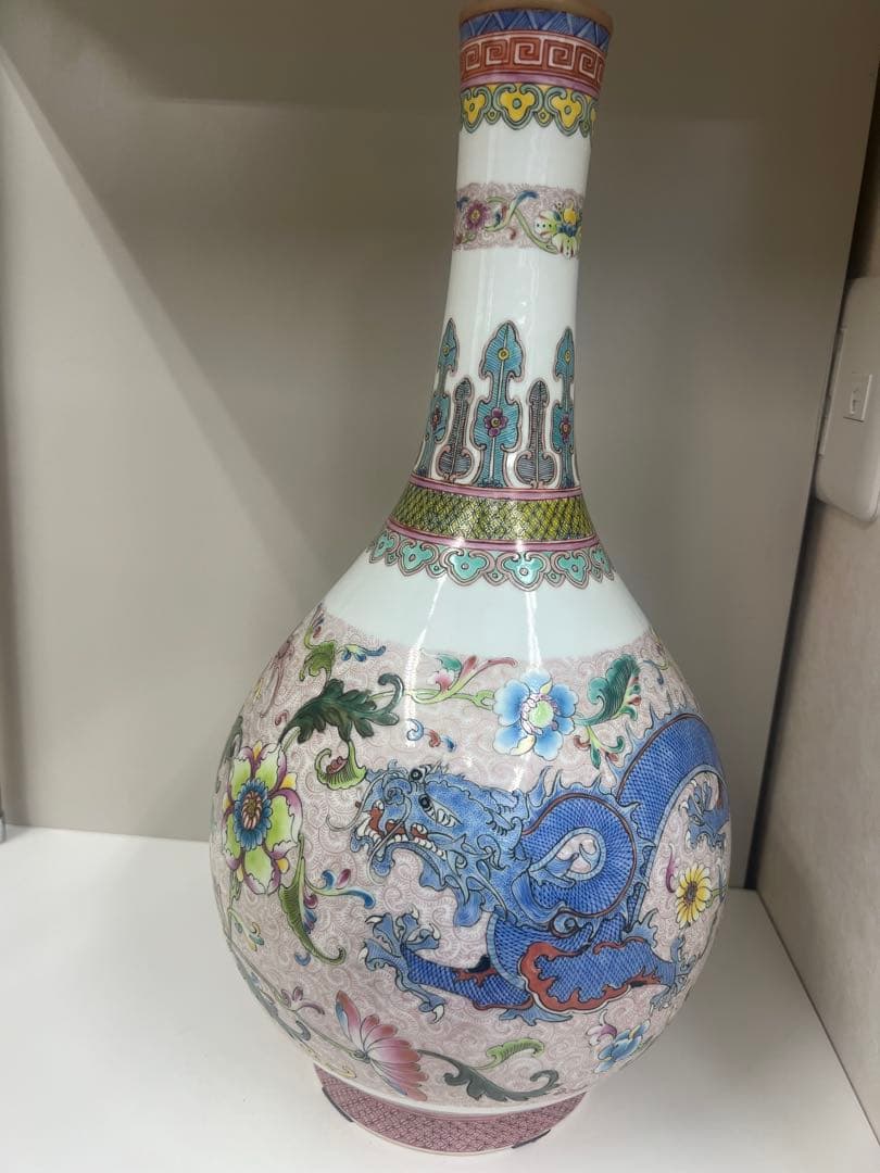 中国乾隆年製長頸瓶骨董唐物アンティーク古美術江戸青磁手描きドラゴン模様の陶器瓶