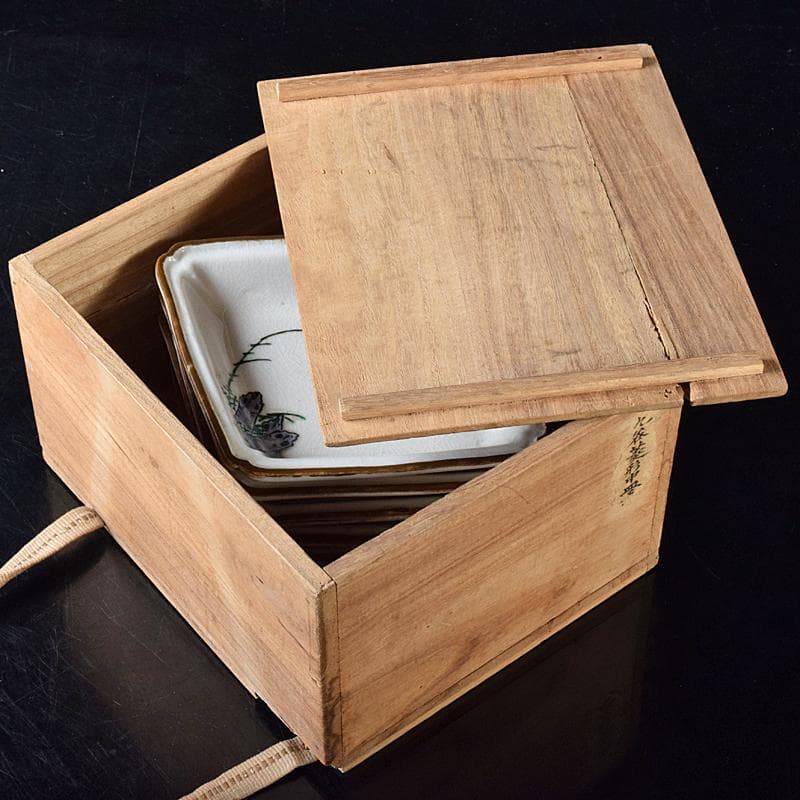 九谷焼　色絵　鳥草文　菱形中皿　五客　時代箱付　M　R8296