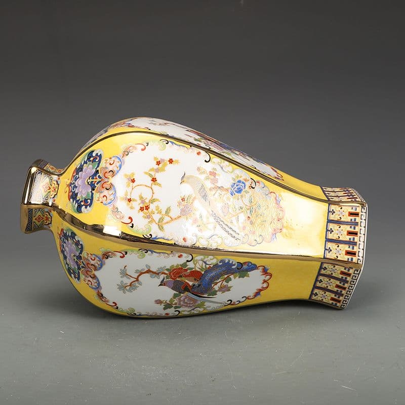 清乾隆磁器琺瑯彩花鳥紋六方瓶 景徳鎮 陶磁器 装飾品 現代工芸品 美術品 置物