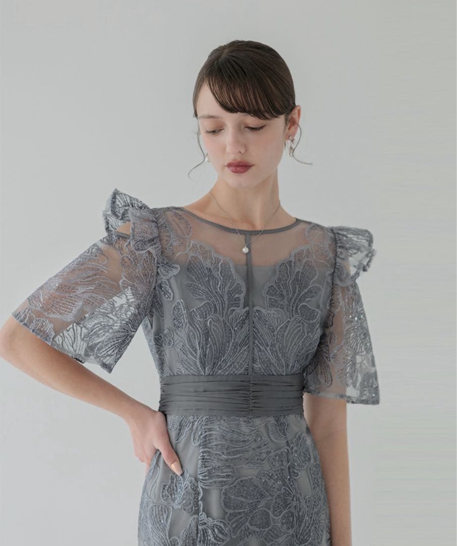 【Leja】フラワーレースシアーフリルマーメイドワンピースドレス