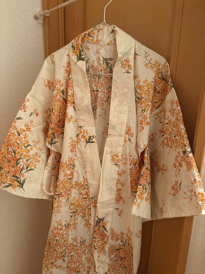 花柄 浴衣 クリーム色 オレンジ、兵児帯セット