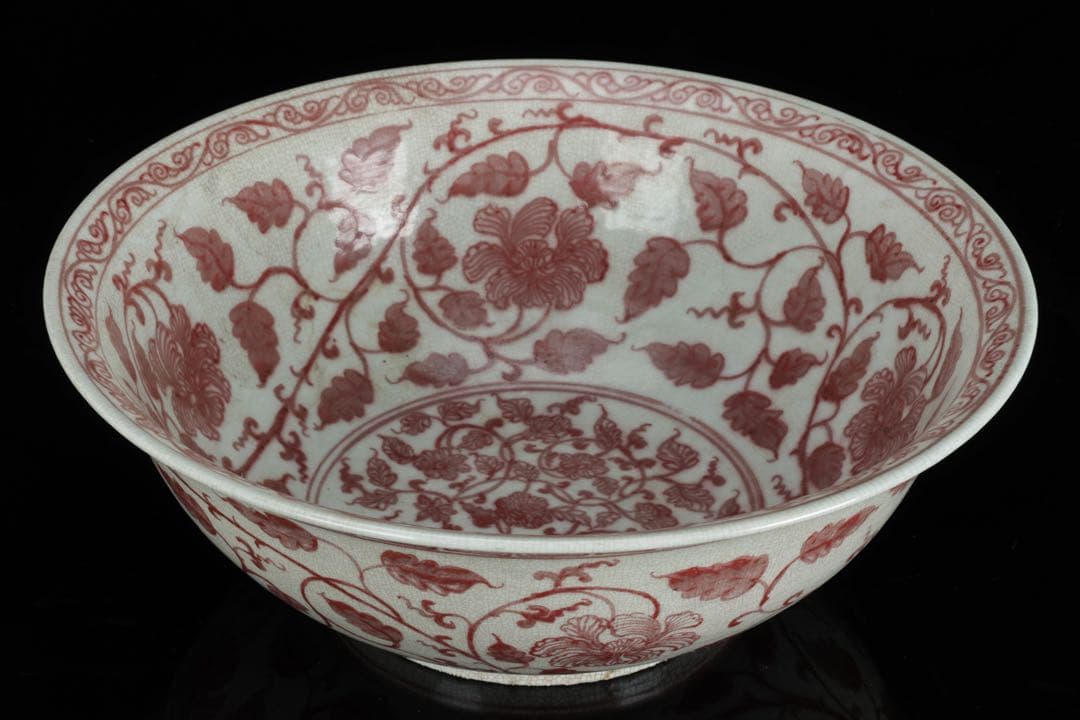 釉裡紅 纏枝花弁文 特大41cm 大鉢 辰砂紅絵 盛鉢 古美術 骨董 中国古陶磁