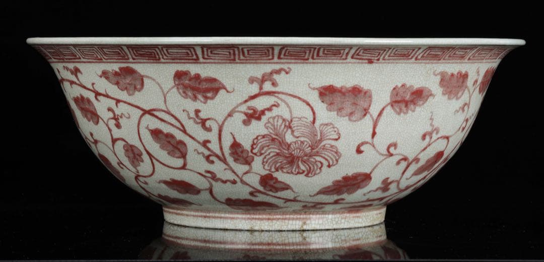 釉裡紅 纏枝花弁文 特大41cm 大鉢 辰砂紅絵 盛鉢 古美術 骨董 中国古陶磁