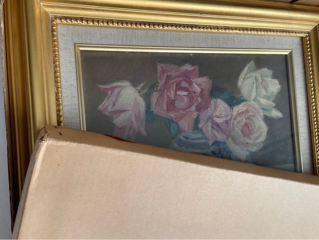 画家　加藤静児　静物　油彩画　油絵　額入　花　薔薇　薔薇の絵　バラ