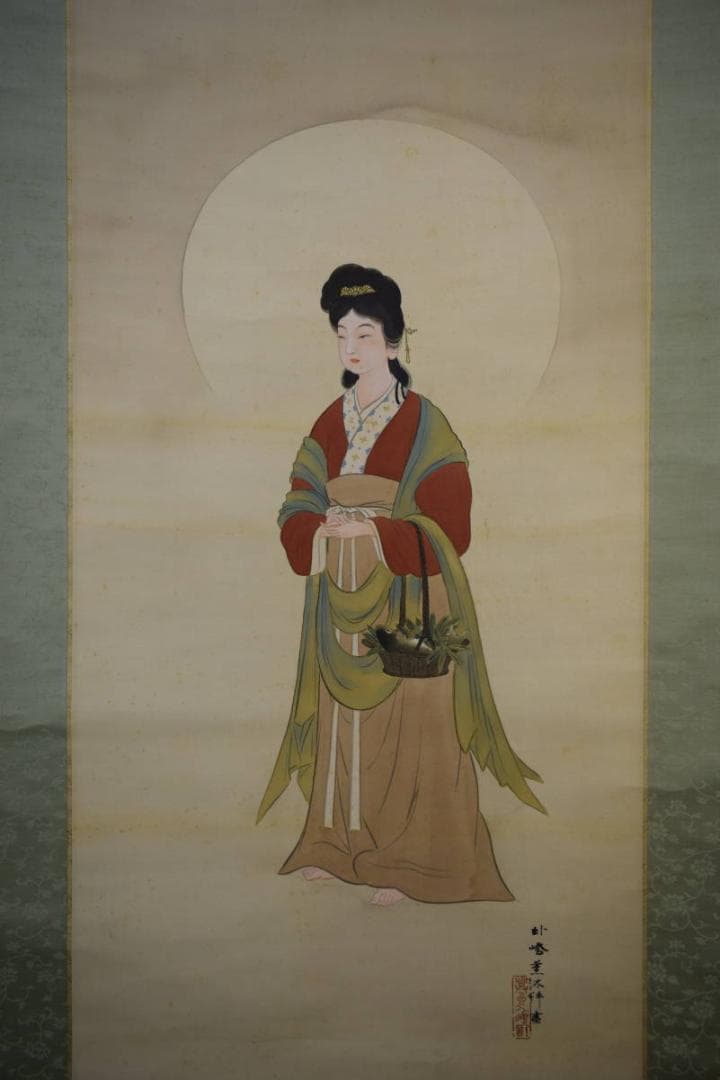 真作/夜久臥橋/魚籃観音像図/美人画/桐共箱付/布袋屋掛軸HI-458