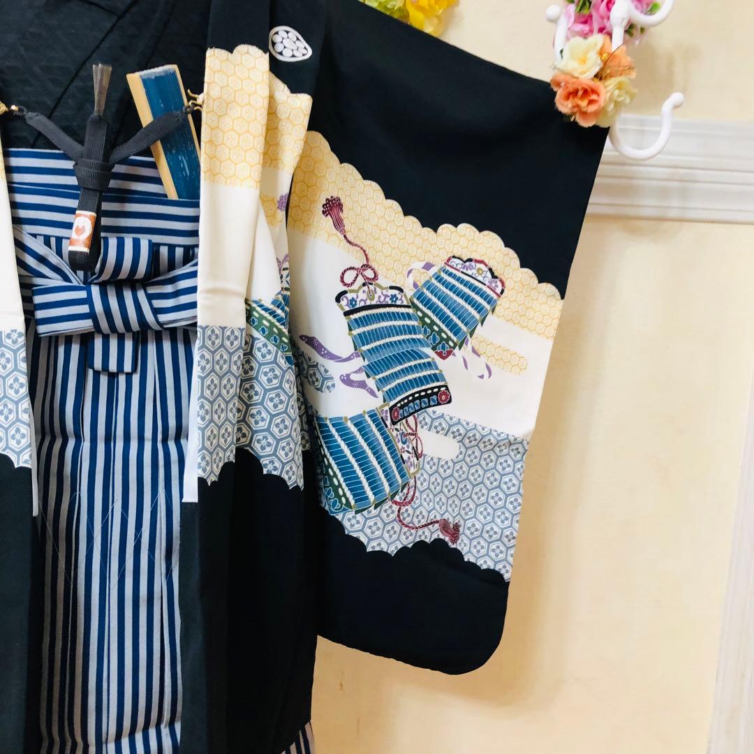 七五三５歳完全フルセット‼️豪華黒地系兜金彩煌びやか⭐︎袴縞スタイルアップ人気銘品