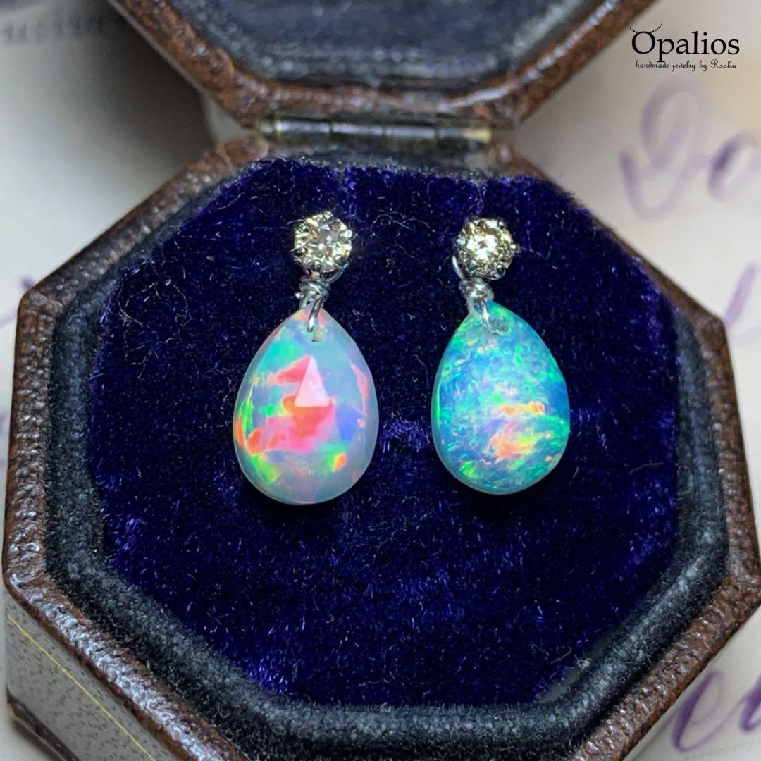 K18WGダイヤモンドピアス＋K14WG最高級品質オパールチャーム付