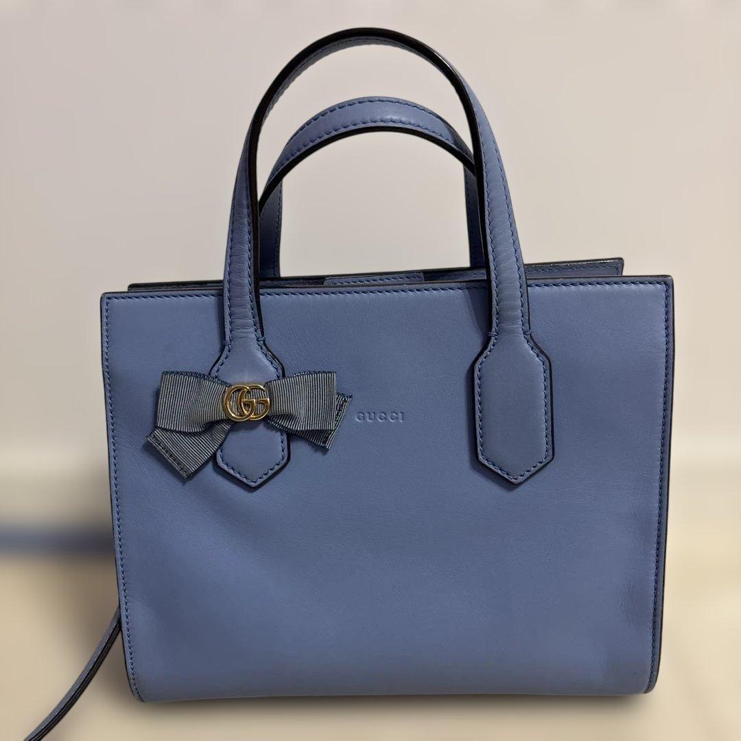 GUCCI リボン付きライトブルーハンドバッグ 日本限定